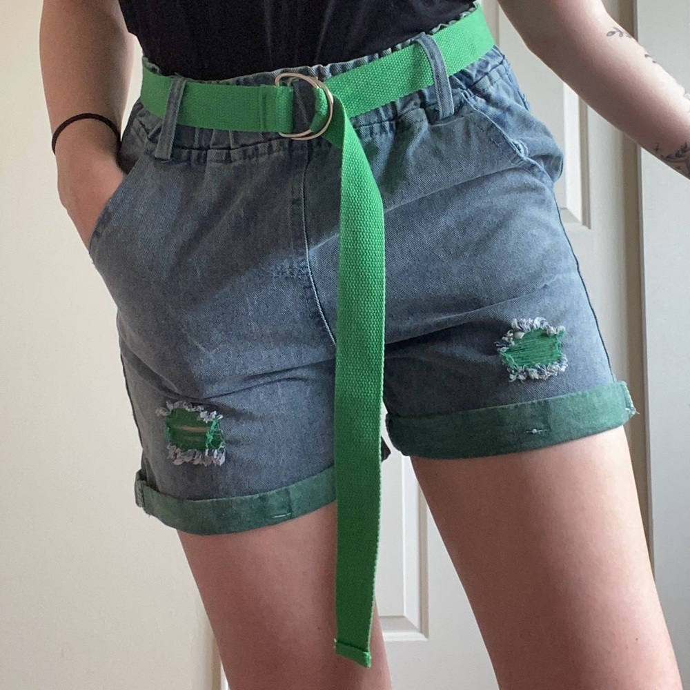 Green Belted Denim Shorts